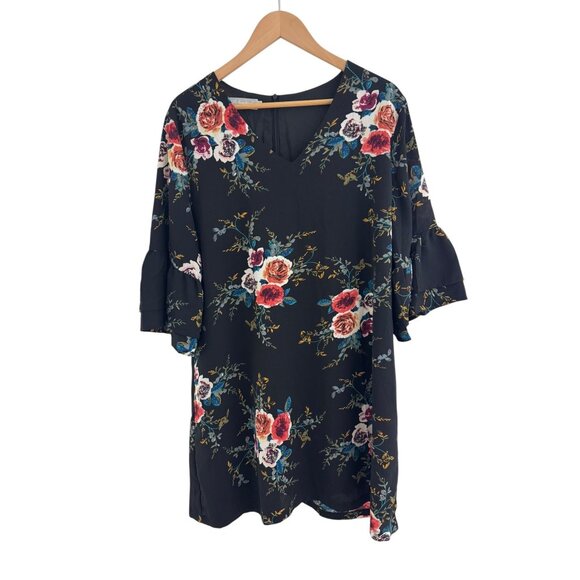 Black Fall Floral Print V-Neck Bell Sleeve Shift Mini Dress Size 2XL 16 18 Plus - Picture 7 of 7